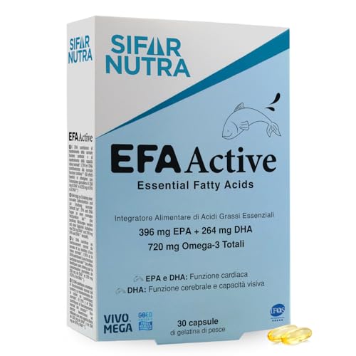 Sifar Nutra EFA Active|IFOS 5 stelle | Olio di pesce VivoMega|720 mg Omega-3 totali | 396 mg EPA + 264 DHA| forma trigliceride| 30 capsule
