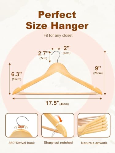 Image of STAR WORK Multi Functional Solid Wooden Suit Hangers, Coat Hangers, Natural Finish with 2 Shoulder Notches 360 Degree Swivel Hook (16)