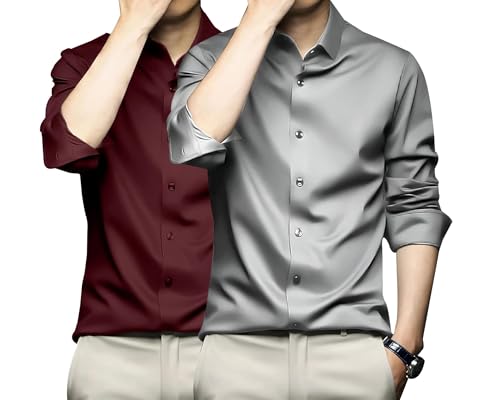 Image of DEELMO Combo of Men's Stylish Solid Satin Casual Shirt for Men Full Sleeves| Poly Satin Silk Shirt Pack of 2