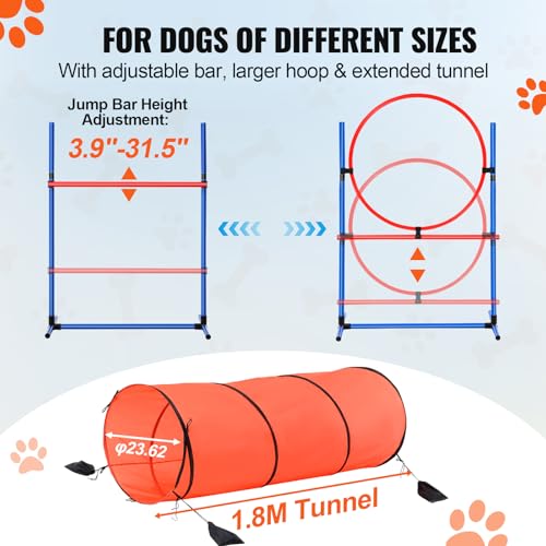 VEVOR Hunde-Agility-Trainingsausrüstung, 5-teiliges Kombinationsset mit verstellbaren hohen Hürden, 6 Slalomstangen, Tunnel, Sprungring, Pausenbox, Pfeife, faltbarer Schüssel, Welpen-Hindernisparcours