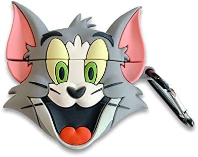 Funda de silicona suave para AirPod Pro 2019 con llavero Tom y Jerry Cat de color gris animé 3D de dibujos animados adorable y divertido para niños