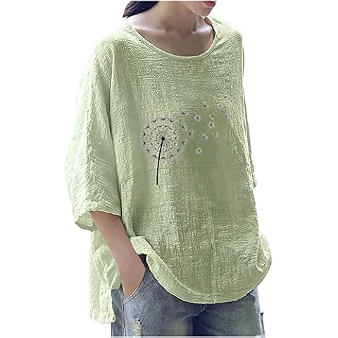 JISDFKFL Women's Summer Cotton Linen Shirts Dandelion Print Round Neck Tops Casual Loose Plus Size 3/4 Sleeve Pullover Blouse Cover