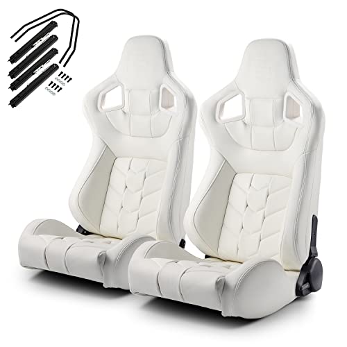 Modifystreet Pure White Pvc Reclinable Car Racing Seats Pair With Sliders- Pure Series #TOP24