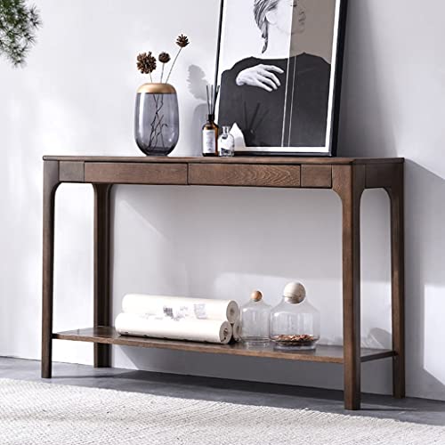 Nizame Entryway Table With 2 Drawers, Solid Wood Sofa Table, 2-Tier Open Storage Shelf, Corner Table, Accent Table For Living Room, Hallway (Color : Walnut, Size : 130Cm) #TOP1