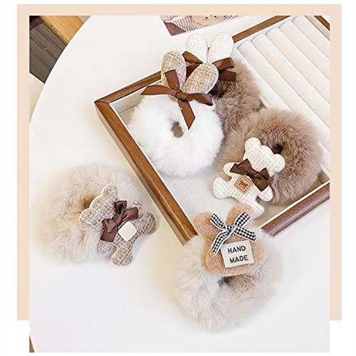 Gerulyss 5 Pcs Coffee Plush Hair Elastic Ties Cartoon Bear Hair Scrunchies With Bow Withe Color Heart Soft Ponytail Holder Hair Tie Cute Hand Made Hair Band Rabbit Hair Rope Cute Hair Accessories #TOP2