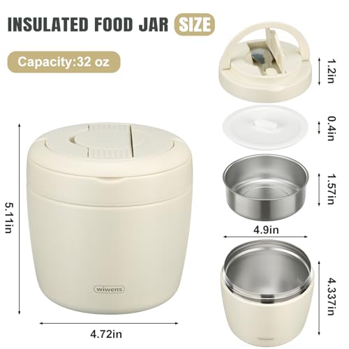 Image of wiwens Thermo Food Jar for Hot Food Adults 32OZ Soup Thermo Lunch Containers Wide Mouth Vacuum Insulated Stainless Steel Leakproof Bento Box with Spoon (Beige)