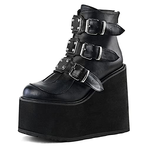 SaraIris Women's Wedge Boots Goth Platform Boots Metal Studded Punk Ankle Boots Waterproof Zipper Chunky Motorcycle Boots