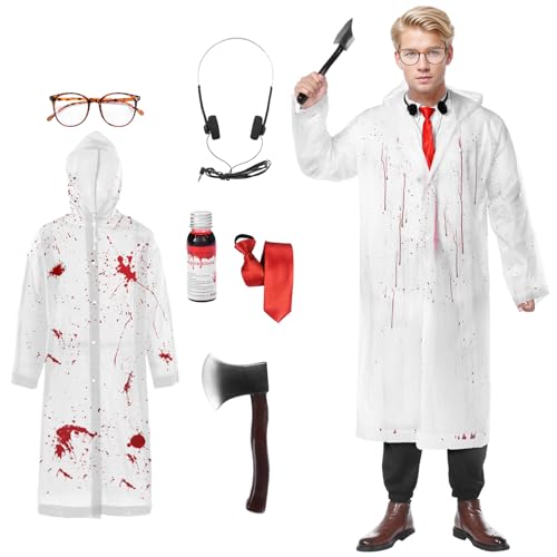 Harsever Killer Costumes Halloween Cosplay Outfit 5 PCS Scacry Clear Raincoat for Adults Prop Axe Glasses Tie
