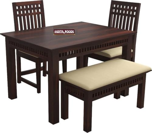 Image of AADITYA WOODS Solid Sheesham Wood 4 Seater Dining Table Set with Chairs & Bench for Living Room Home | Wooden Table Set for Office Restaurant Modern Dining Room Set (ad-Walnut4sB)
