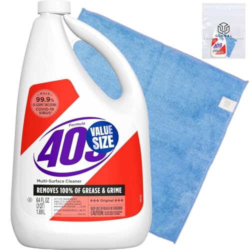 GLOBAL PACKING SOLUTIONS 409 Multi-Surface Cleaner Antibacterial Degreaser Refill Bottle 64 oz Kills 99.9% of Germs bundled with Microfiber Cleaning Cloth