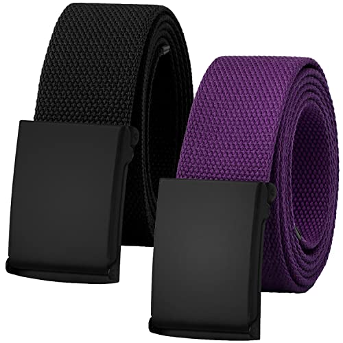 Falari Canvas Web Belt Fully Adjustable Cut to Fit Golf Belt Flip Top Black Buckle - Black & Dark Purple (2 Pack)