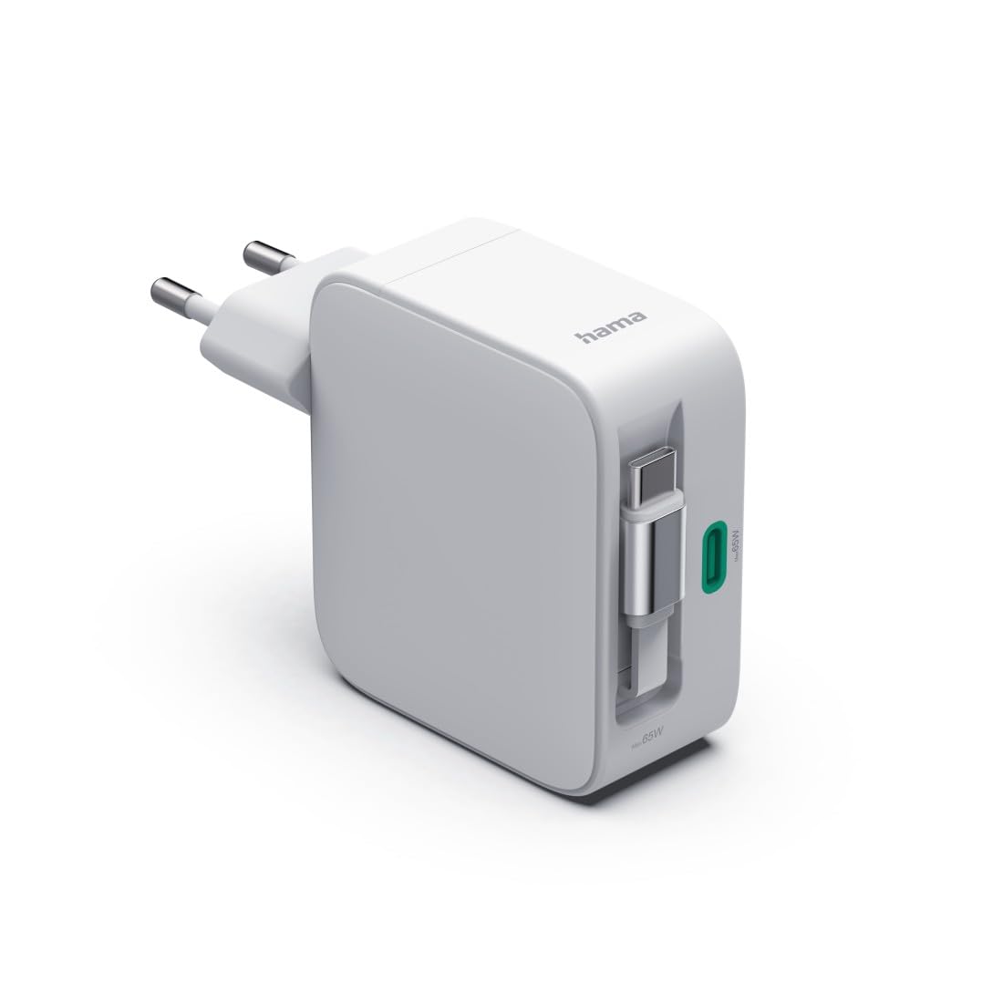 Hama | Caricatore 2 USB C 65 W GAN (230 V, Power Delivery, cavo estensibile, Qualcomm Quick Charge, Dual, Compatto, retrattile) Colore Bianco