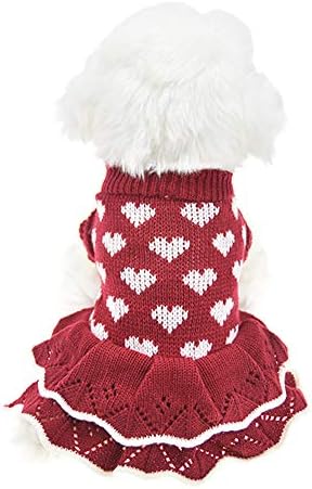 Christmas Small Dog Sweaters Female Girl Red Winter Warm Dog Princess Dress Clothes Dachshund Chihuahua Corgi (M(Bust 15.7inch), Red Heart)