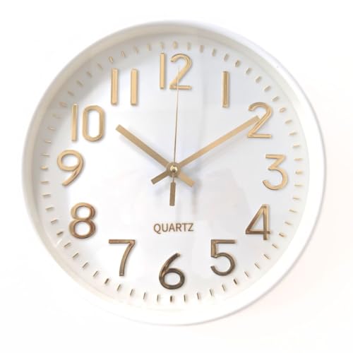 Reloj de Pared Moderno Blanco o Negro 30 cm con Detalles Dorados | Reloj Silencioso sin Tic-Tac | Diseño Minimalista para Salón, Dormitorio, Cocina u Oficina (BLANCO)