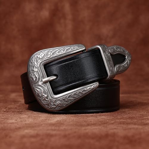Women 28mm Thin Belt for Jeans Pants Dress Ladies Skinny Leather Strap with Engraved Floral Antique Silver Buckle3