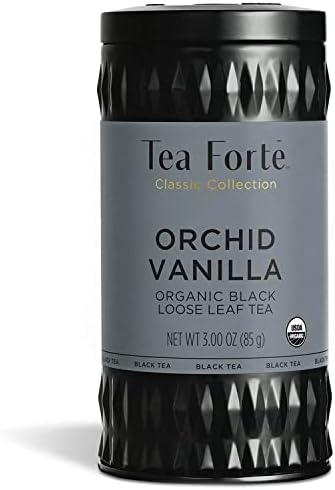 Tea Forte Orchid Vanilla Premium Loose Leaf Caffeinated Black Tea Blend Canister, Makes 35-50 Cups, Round Canister