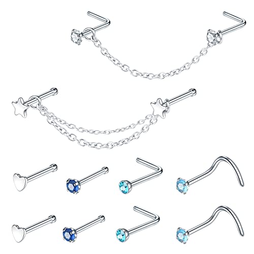 Aumeo 20G - Pernos de nariz con cadena CZ para piercing de nariz doble, Acero inoxidable Cover