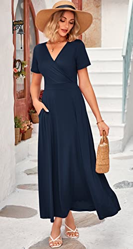 Image of WNEEDU Women's Summer Maxi Dress Short Sleeves Wrap V Neck Long Dresses with Pockets