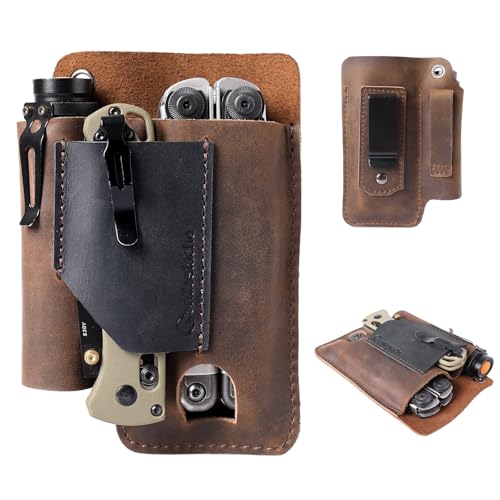 Gentlestache Leather Multitool Sheath - Leather Multi Tool Holster for Belt - Multitool Holder - Multitool Pouch for Leatherman Tool, Flashlight, Pen, Belt Clip EDC Belt Organizer Darkbrown