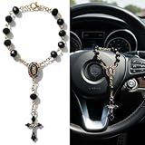 Car Rosary for Rearview Mirror - Rearview Mirror Hanging Accessories - Steering Wheel Rosary Charm - Pearl Heart Chain Catholic Car Interior Hanging Decor - Alloy, Artificial Pearls (Black)