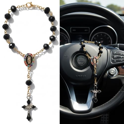 Car Rosary for Rearview Mirror - Rearview Mirror Hanging Accessories - Steering Wheel Rosary Charm - Pearl Heart Chain Catholic Car Interior Hanging Decor - Alloy, Artificial Pearls (Black)
