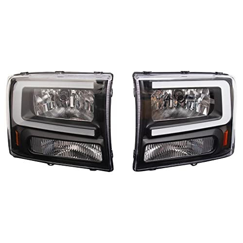Image of TRQ 2 Piece Headlight Assembly Set Performance Halogen LED C Light Bar Black Bezel Driver & Passenger Side Compatible with Ford Excursion 2000-2004 F250 F350 Super Duty 1999-2004 FO2502147 FO2503147