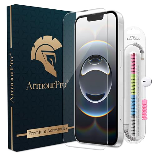 Image of ArmourPro Military-Grade Borderless Tempered Glass for iPhone 16e, 14, 13 and 17E (6.1 Inches) with Edge to Edge Protector Coverage, Cable Protector and Easy Installation Kit | Anti Dust Mesh Filter