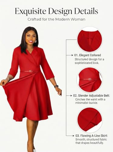 Image of Elainone Women 3 /4 Sleeve Casual Swing Flared A Line Dress Wedding Guest Semi Formal Office Work Dresses with Belt