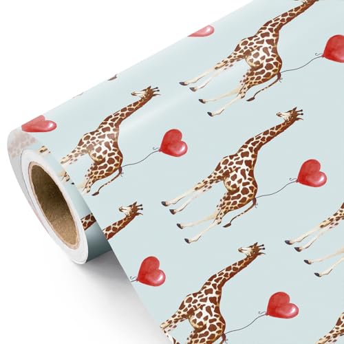 WRAPAHOLIC Giraffe Wrapping Paper Roll - Mini Roll - 17 Inch x 16.5 Feet - Cute Giraffe Heart Balloons Design for Valentine’s Day, Kids Birthday, Baby Shower, Classroom Gift Exchange