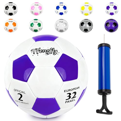Size 2 Soccer Ball with Pump--White & Purple Training Recreation Soccer Ball Size 2 Thicker PU Tight Weaved Mini Soccer Ball for Boy Girl Outdoor/Indoor League Game Practice Training (White+Purple)