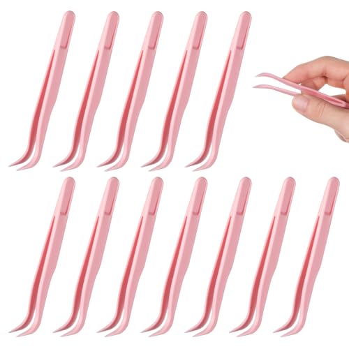 Xelsluthe 12 Pack Plastic Tweezers for Crafts 4.5 Inch Bent Tweezers for Jewelry Making Baking Decoration Reptile Feeding Bead Bracelets Pink