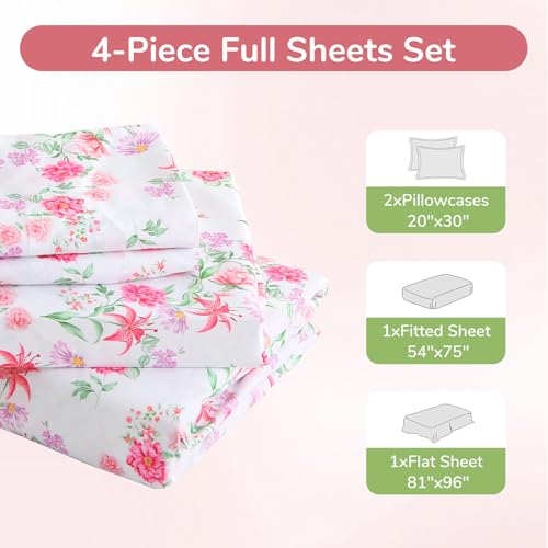 Image of MUXHOMO Full Size 4 Piece Sheet Set, Soft & Breathable Sheet Set for Bedroom with Deep Pocket Up To 16 inch, Wrinkle-Free & Cooling Bed Sheet with Flat Sheet, Fitted Sheet & Pillowcases - Vibrant Blooming