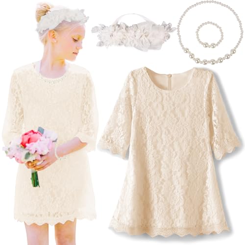 Girls Flower Lace Fall Dress - Toddler Easter Dresses with Headband Pearl Jewelry Set Kids Boho Dress for Wedding Size 7-8
