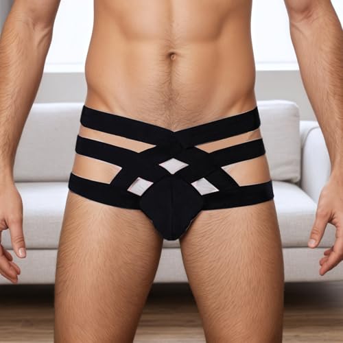 Men Thong Underwear Sexy G-String Cutout Bandage Lingerie Bulge Pouch Briefs Jockstrap Male Strappy Briefs Underpants Black3