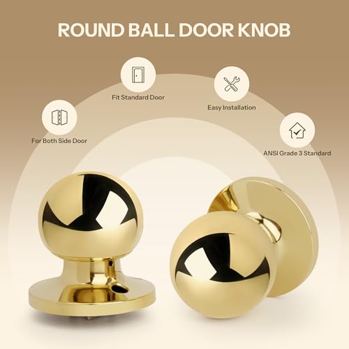 LOQRON Ball Design Door Knob No Lock, Passage Round Shaped Non-Locking Doorknob for Hallway/Closet, Polished Brass Finish - Image 3