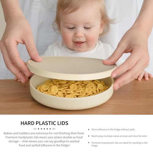 Imagination Junction Pratos de sobremesa de silicone com tampas de silicone, conjunto de 4, louças, cereais, sobras e lanches, seguro para micro-ondas e lava-louças (amarelo, cinza, roxo, verde)