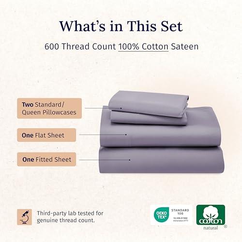 CALIFORNIA DESIGN DEN 5-Star Hotel 600 Thread Count 100% Cotton Sheets Set - Soft & Smooth Queen Sheet Set with Deep Pockets, Quality Beats Egyptian Cotton Claims (Lavender)