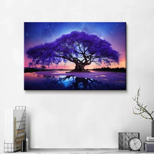 Image of Purple Tree Landscape Wall Art Blue Starry Night Picture Artwork for Living Room Wall Decor Abstract Nature Scenery Canvas Print Painting for Modern Bedroom Bathroom Home Office Decoration 16x24 inch