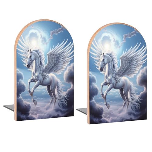 Pegasus Buchstützen mit Mondwolken, dekorative Holz-Buchstützen für Regale, Schreibtisch, Heimbüro, Buchstopper für Zeitschriften, Bücher, DVDs, 2 Stück