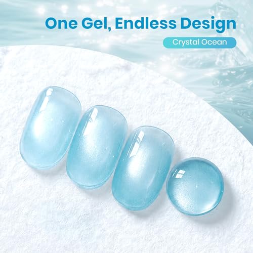 Image of Beetles Crystal Ocean Blue Cat Eye Gel Nail Polish - 15ML Summer Light Blue Gel Polish Cat Eye Glitter Magnetic Translucent Glassy Effect Soak Off UV Nail Art DIY at Home Manicure Gift for Women