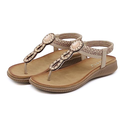 DKCHENH Womens Sandals Shoes Comfort Walking for Summer: Non Slip Casual Beach Shoes, Adorned with Ankle Elastic and Stunning Jeweled Bohemian Flats2