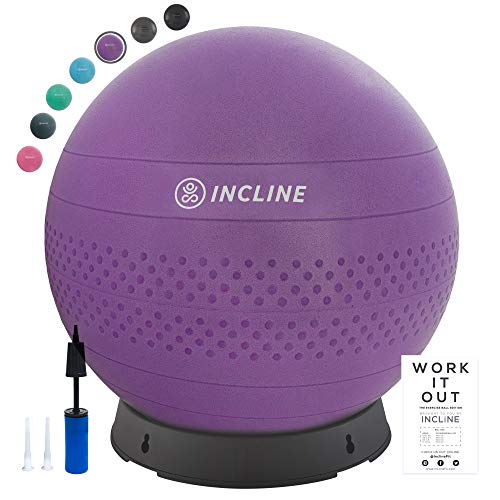 Incline Fit Anti-Burst Exercise Ball, Base & Pump (55, 65, 75 cm) for Stability, Yoga, Pilates & Fitness; Swiss Ball Stand, Alternative Office Desk Chair or Pregnancy Birthing Ball, Ultra Violet