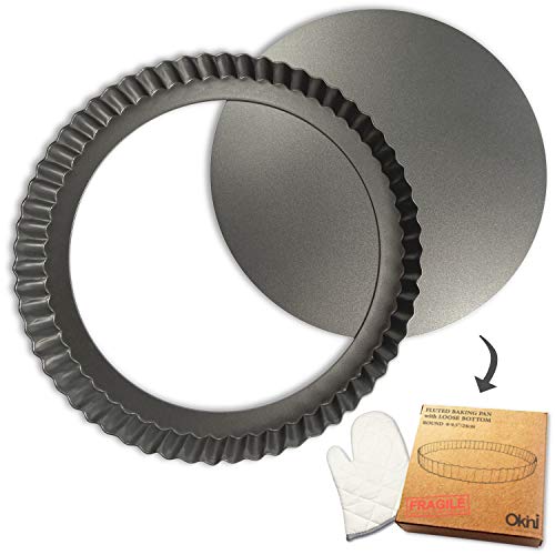 Tart Pan Pie Pan Non-Stick 9.5 inch Round with Removable Bottom - by OKINI - Sturdy Carbon Steel Quiche Pan with Fluted Edges for Oven Baking - Quick Release and Easy Clean