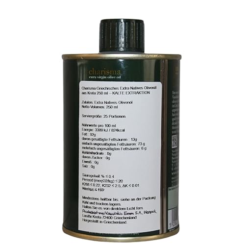 Charisma Griechisches Olivenöl Extra Nativ – 250 ml Metalldose – Kaltgepresst & 100% Naturbelassen – Aus Kreta, Erste Güteklasse