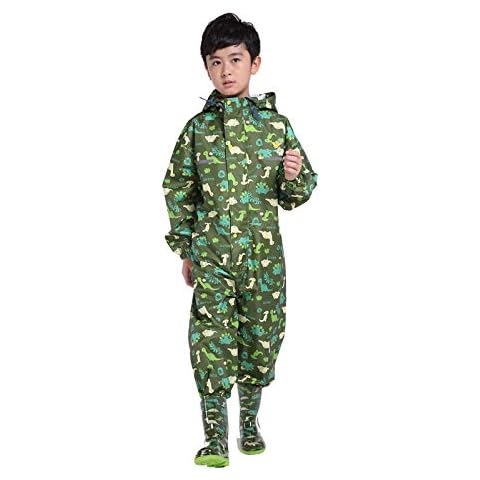 D C.Supernice Kids All in One Waterproof Suit Toddler Boys Girls One-Piece Puddle Rainsuit for Age 2-14 Green Cover