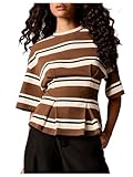 SOLY HUX Women's Cinched Waist Tops Striped T Shirt Half Sleeve Crew Neck Casual Summer Top Multicolor Striped Large