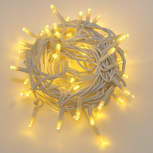 IXTRIMA Catena Luminosa LED, catenaria 10 Metri da esterno, 100 Luci, IP65 Impermeabile e Prolungabile con Effetto Flash, per Natale, Negozi, Balcone (Luce Gialla - flash, Cavo bianco)