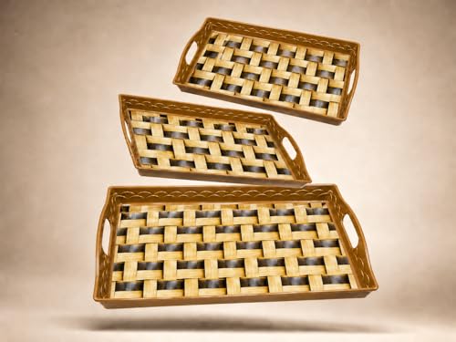 Image of KITCHIVO 3 Pcs Plastic Serving Tray Set with Handle | Multipurpose Tea Snacks Breakfast Tray | Floral Printed Rectangular Serving Trays for Kitchen & Home (Honey Weave)