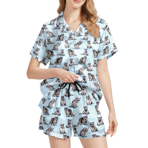 Image of Funny Satin Pajamas Set for Women Button Down Sleepwear Print Pjs Set 2 Piece Short Sleeve Loungewear Gift for Women