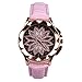Ourine Montre à quartz pour femme avec bracelet en cuir en forme de fleur incrustée de strass rose